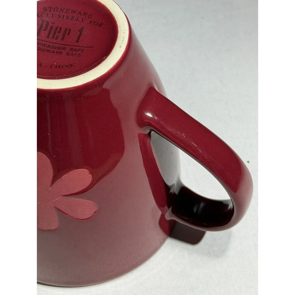 Pier 1 Red Floral Embossed Stoneware Coffee Mugs Set of 2 Deep Red Burgundy